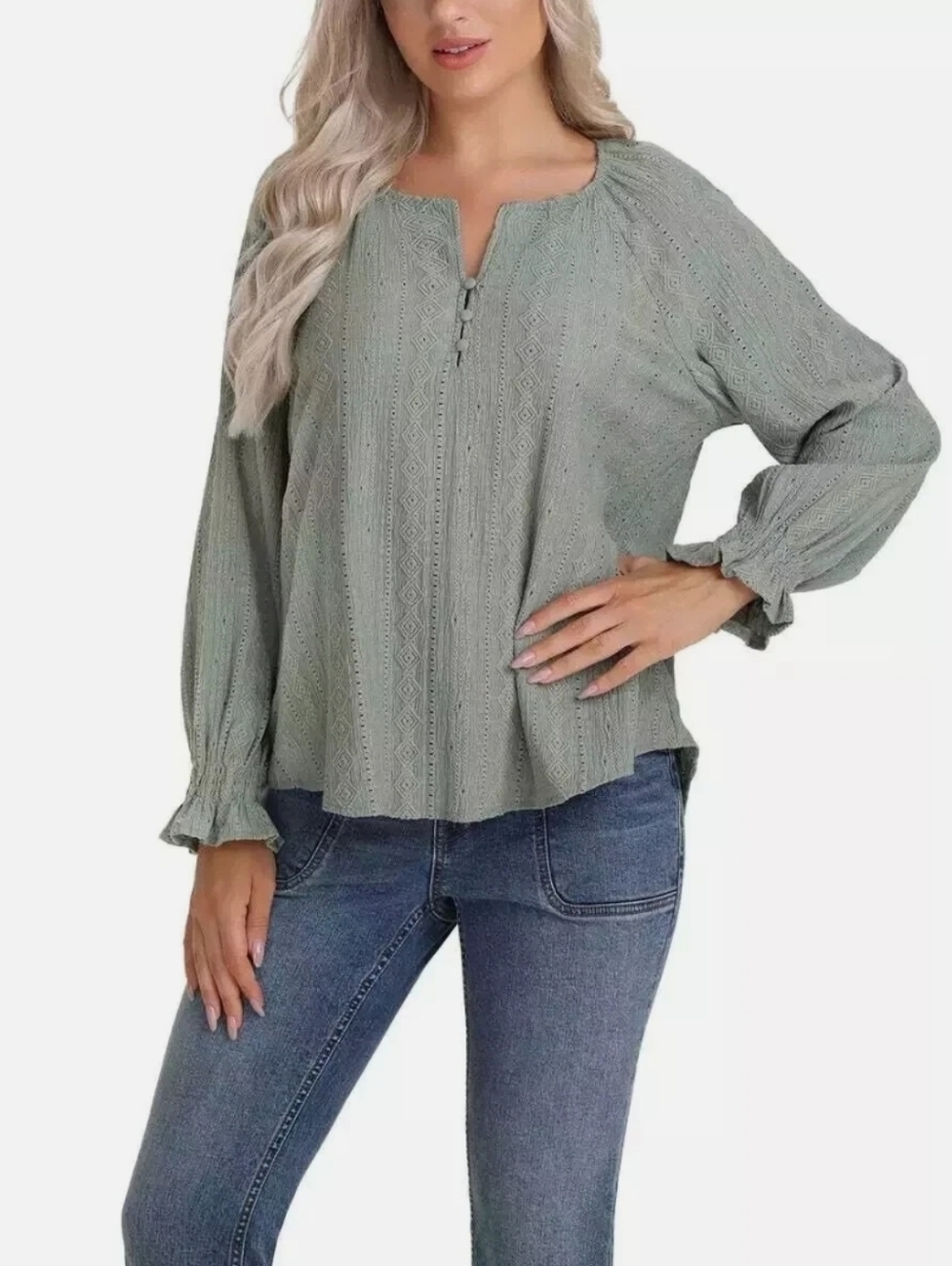Frye Sage Green Textured Peasant Blouse XXL Boho Button Front Long Sleeve Top - Picture 10 of 10